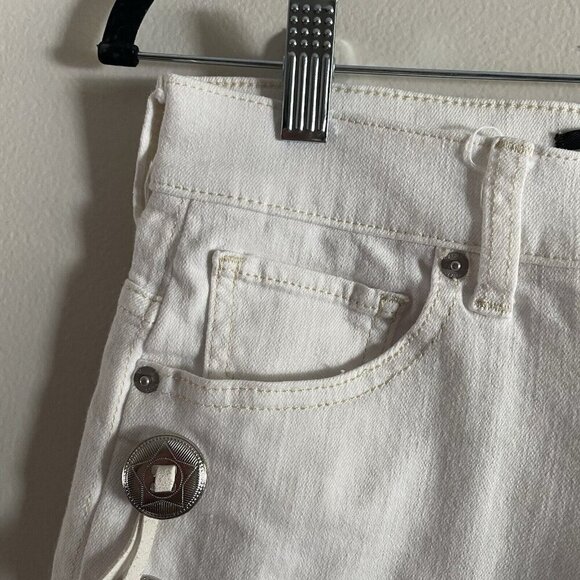 Express 2 White Denim Boho Western Rodeo Festival High Rise Cutoff Jean Shorts - Picture 4 of 8